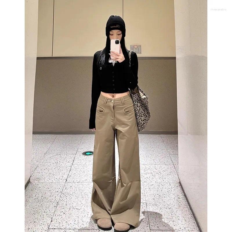 Women's Jeans Khaki High Waist Wide Leg Pants Loose Fit Casual Trousers Solid Color Streetwear 2025 Fashion Z260313