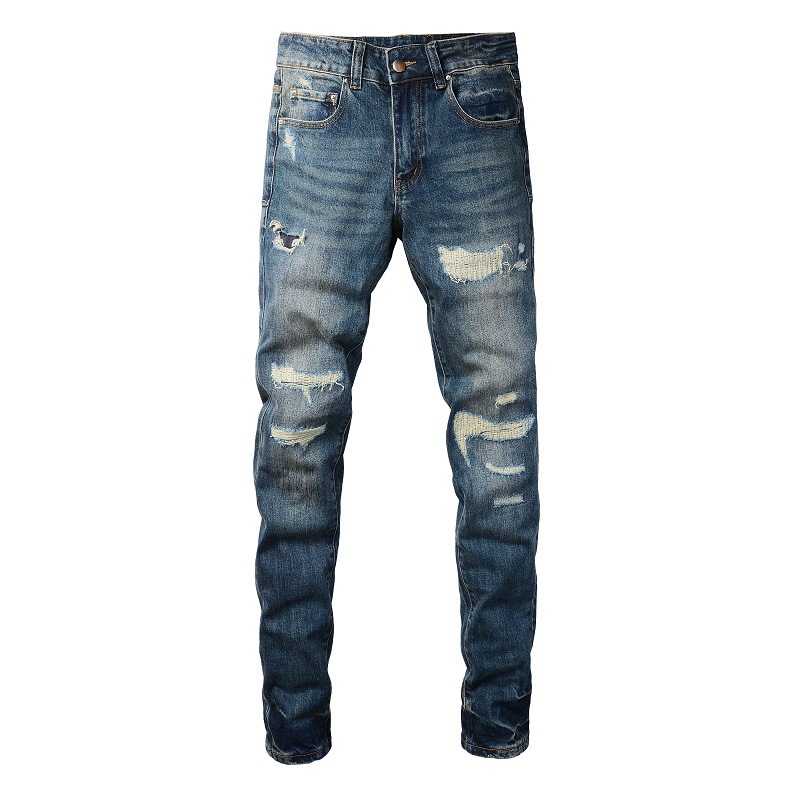 WOZK wholesale high street men's ripped jeans men's slim fit men's pants retro men's elastic youth pants designer