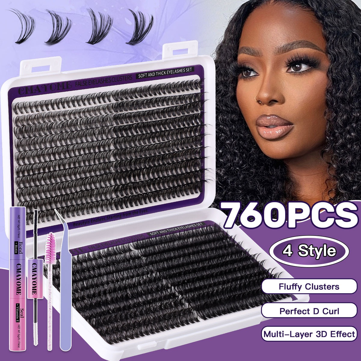 760Pcs DIY Cluster Lashes Kit with Lash Bond & Seal Thick Fluffy DIY Individual Eyelashes Soft Lightweight Hand Made Reusable D Curled Segmented Eyela