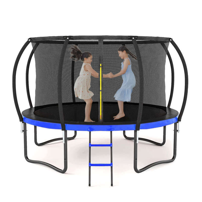 12FT Outdoor Big Trampoline Inner Safety Enclosure Net, Ladder, PVC Spring Cover Padding, For Kids, Blue Color