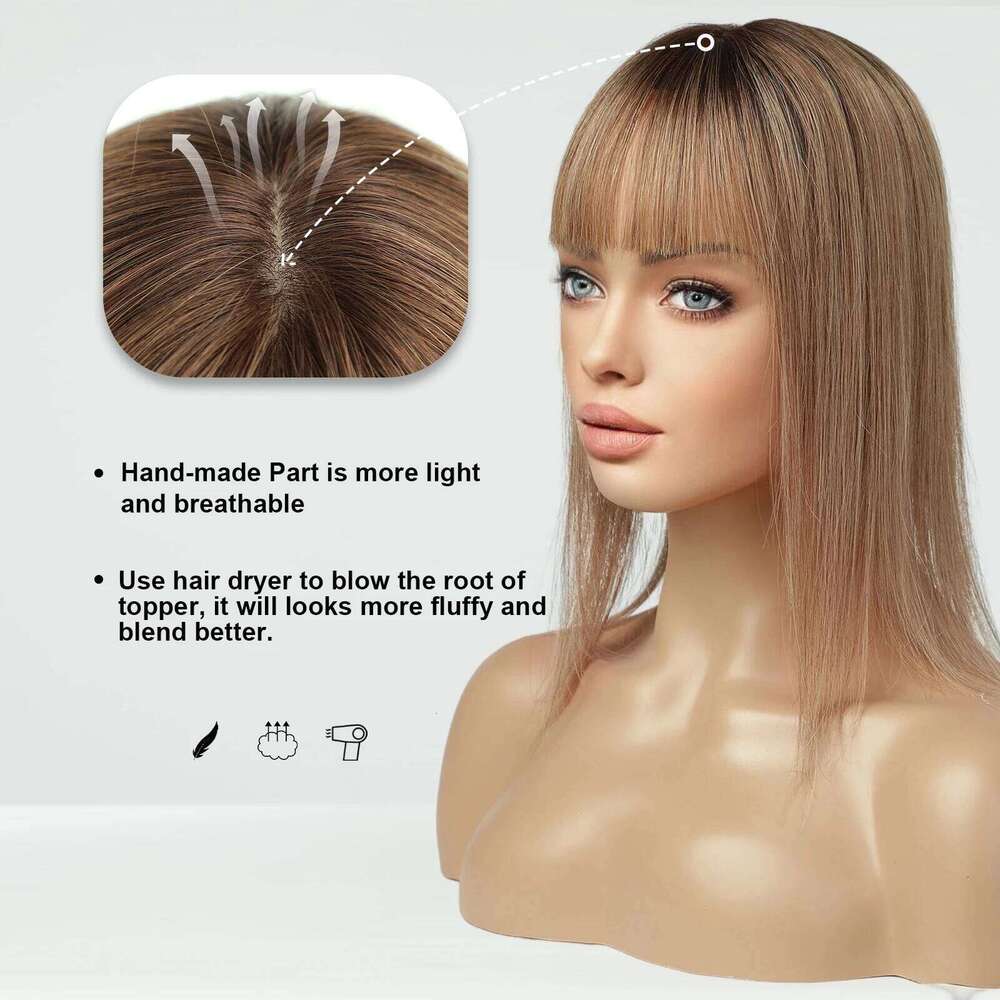 Brown Ombre 14 Inch Straight Silk Base Top Human Hair Topper with Bangs Clips 100% Remy Hairpieces for Women HairToppers Female