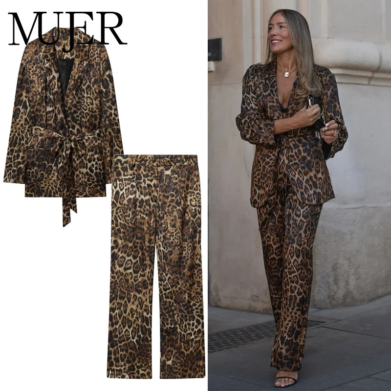MUJER Leopard Print Blazers Woman Outfit Straight Leg Pants Sets for Women 2 Pieces Jacquard Office Blazer Womens Trouser Suit 251218