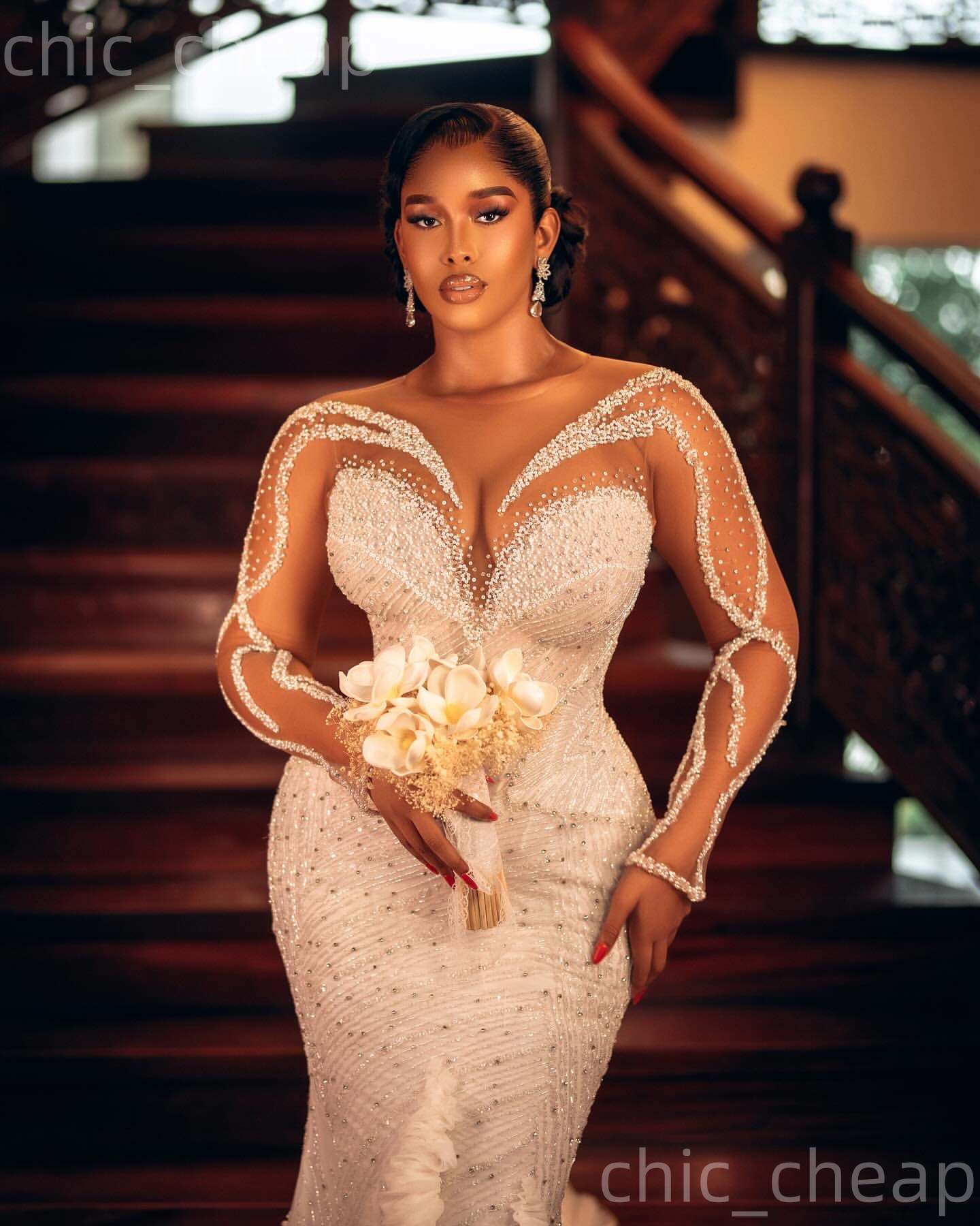 2026 Arabic Aso Ebi Plus Size Ivory Wedding Dresses Beaded Crystals Full Sleeves Sheer Neck Sequined Bridal Gowns Dress For Brides ZJ2059