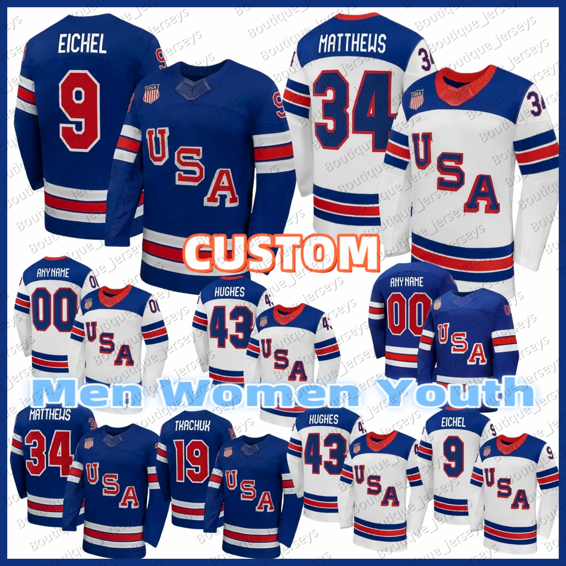 2026 USA Hockey Jersey #34 Auston Matthews 43 Kyle Hughes 25 Charlie McAvoy Brady Tkachuk Matthew Tkachuk Dylan Larkin PATRICK Kane J.T. Miller Women Youth White Blue