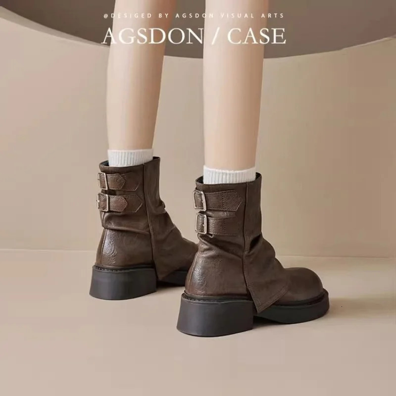 Womens Platform Ankle Boots - Buckle Chunky Heel BootiesFall/Winter Fashion Low-Cut Boots 251230