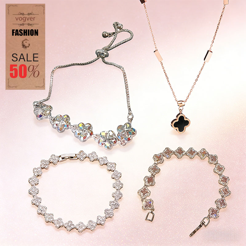 Free Shipping Women's Light Luxury Jewelry Set - Sparkly Pink Clover Zircon Gold Titanium Steel Necklace for Women & Bracelet