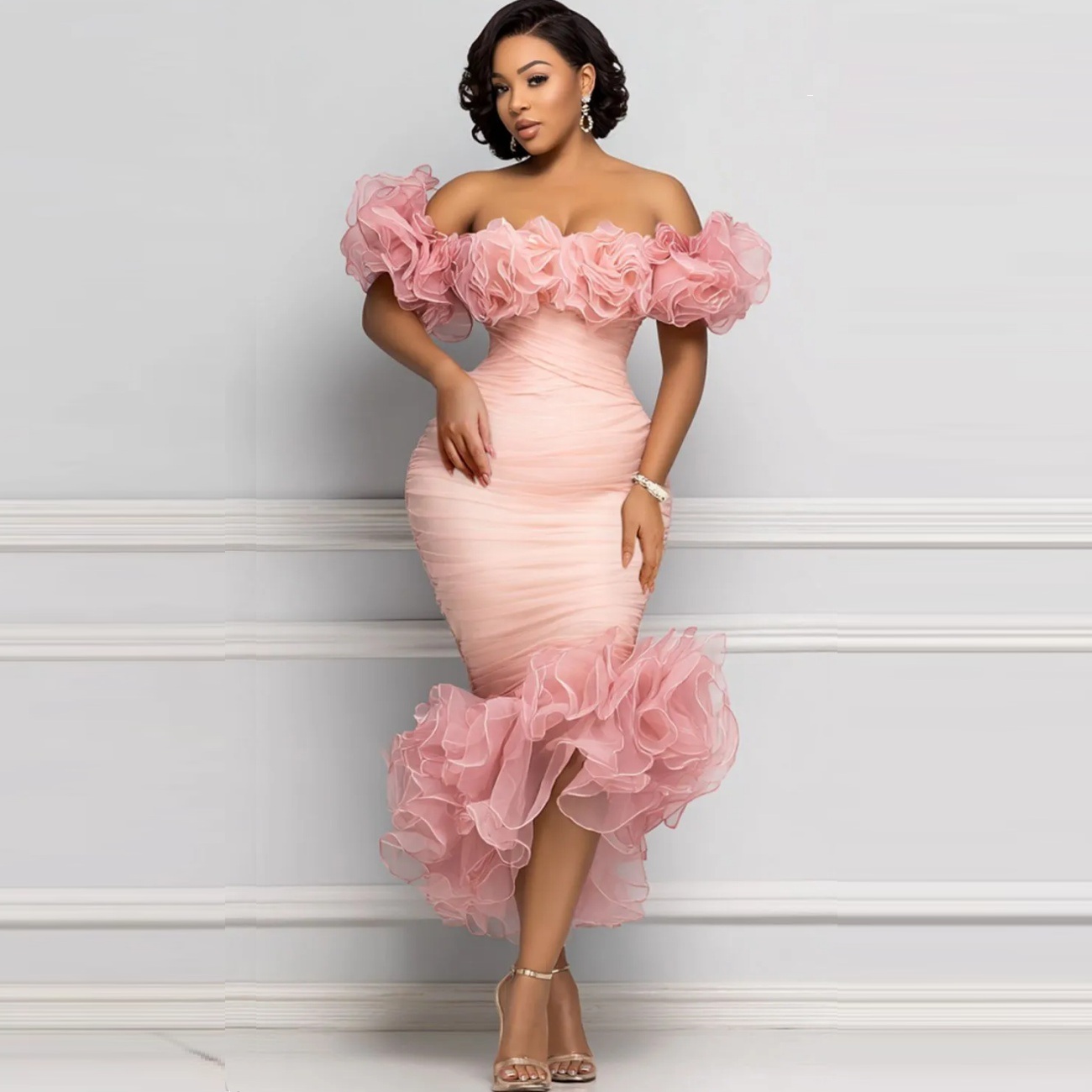 Sexy Pink Off the Shoulder Cocktail Prom Dress Ruffles Sheath Evening Dress Vestidos De Fiesta Exquisite robes de soiree Customized