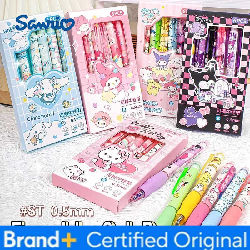 Sanrio 6pcs Erasable Gel Pen Pochacco Kuromi Cinnamoroll Hello Kitty Student Neutral Ball Pen Office School Supplies Stationery H251231