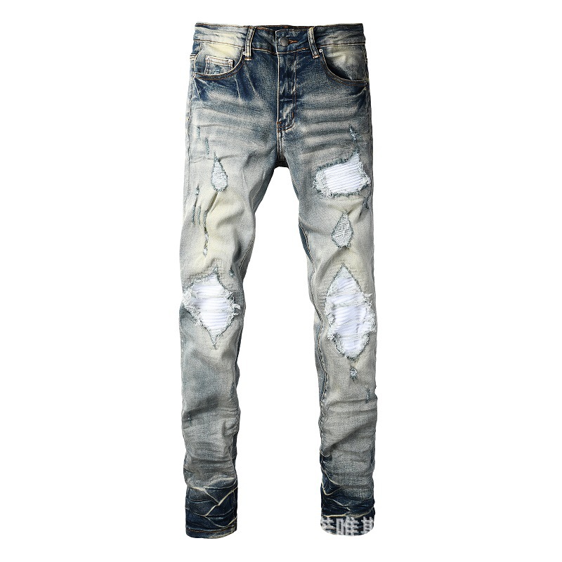 WOZK trendy ripped jeans slim fit elastic graffiti jeans fashionable patch men's pants