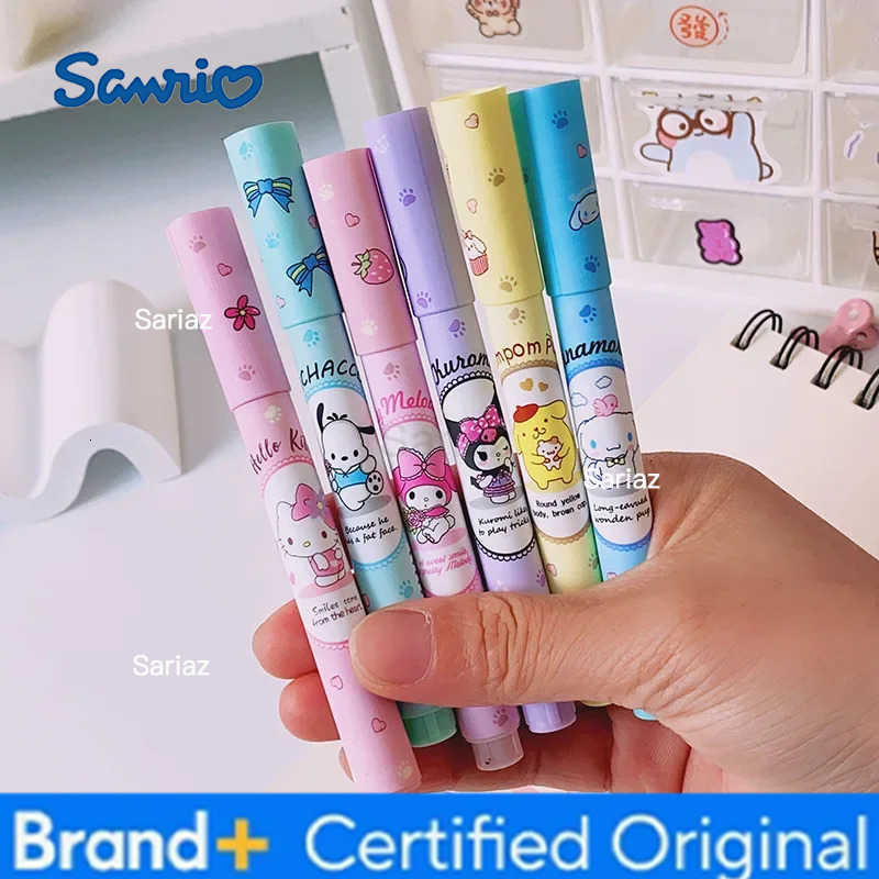 Sanrio 6Pcs Hello Kitty Highlighter Pen Set Kawaii Kuromi Melody Cinnamoroll Art Fluorescent Markers Pens School Office Statione H251231