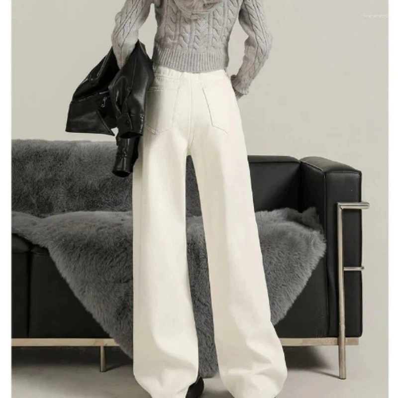 Women's Jeans Y2K Flared For Women Soft Denim Pure Cotton Fleece Lined Warm White Wide Leg Loose Casual Classic Slim Fit Z260313
