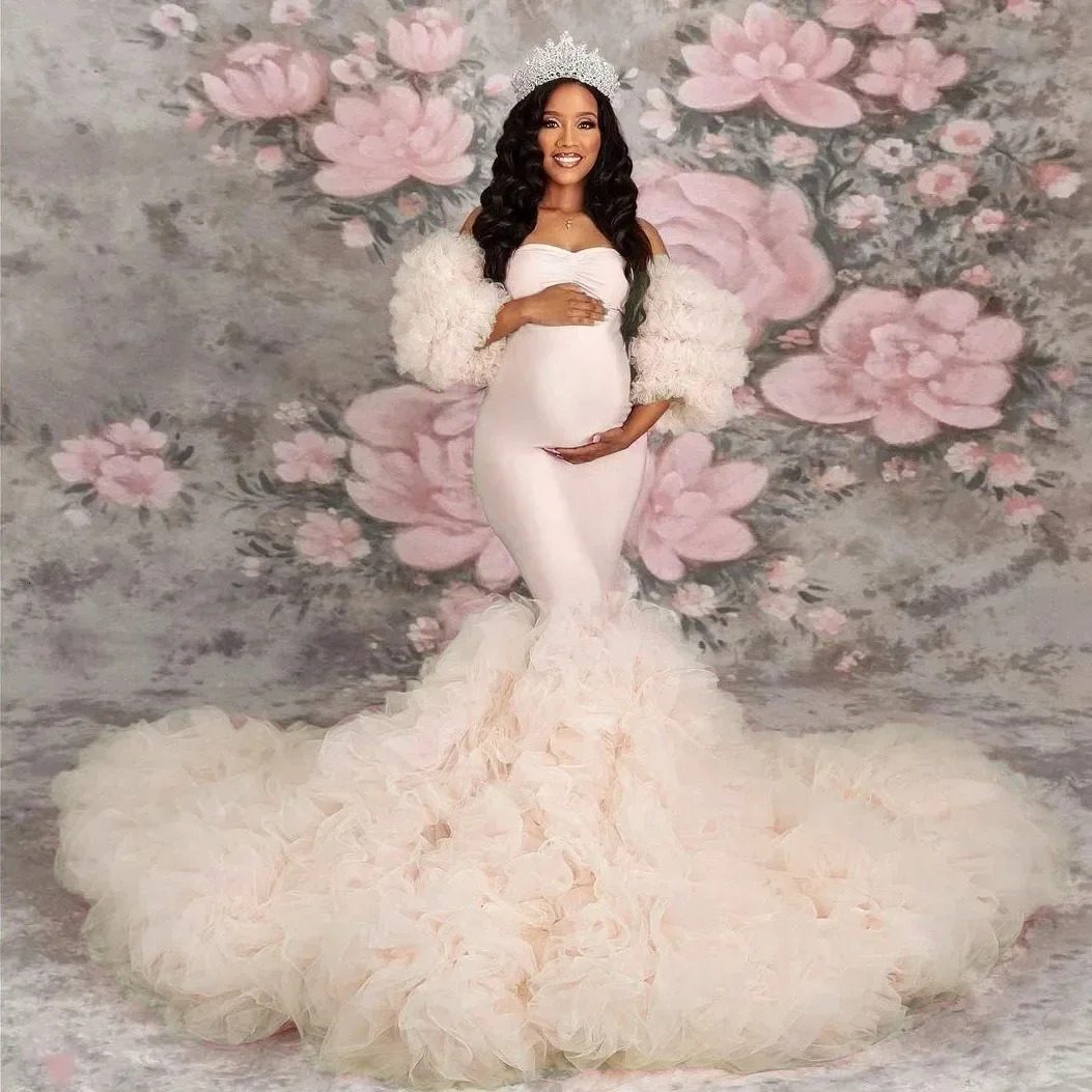 Stretch Pink Mermaid Maternity Dresses Poshoot Puffy Sleeves baby shower vestidos para em 251224 - view 4