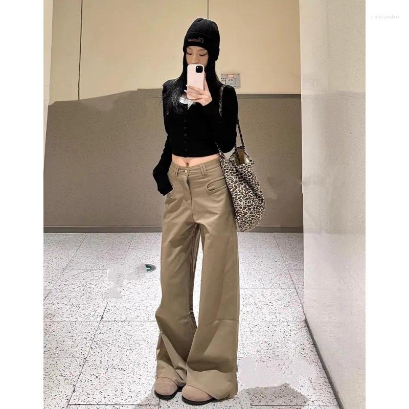 Women's Jeans Khaki High Waist Wide Leg Pants Loose Fit Casual Trousers Solid Color Streetwear 2025 Fashion Z260313