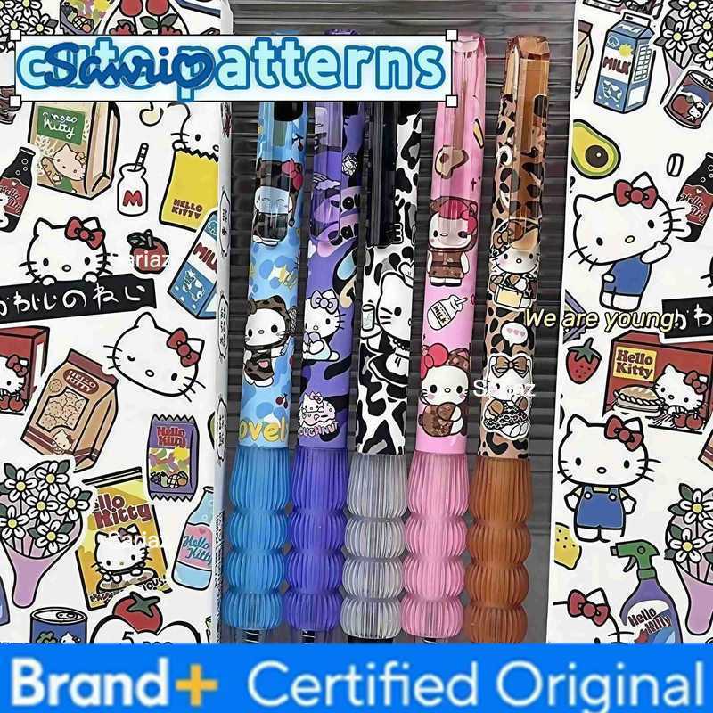 Sanrio 5Pcs/Set New Hello Kitty Retractable Gel Pens Soft Grip Aesthetic Trendy Kawaii Cartoon Writing Pens Cute Stationery H2512311