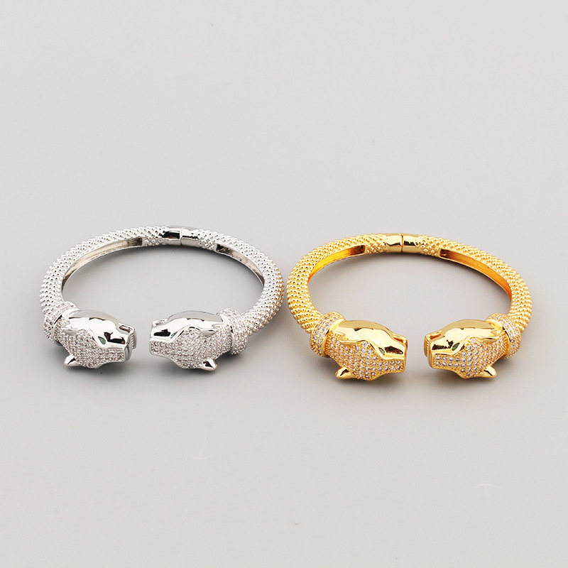 Attract Luck Jewelry New Double-Headed Leopard Inlaid With Zirconia Unisex Jewelry Copper Gold-Plated Size 17 Open Bracelet