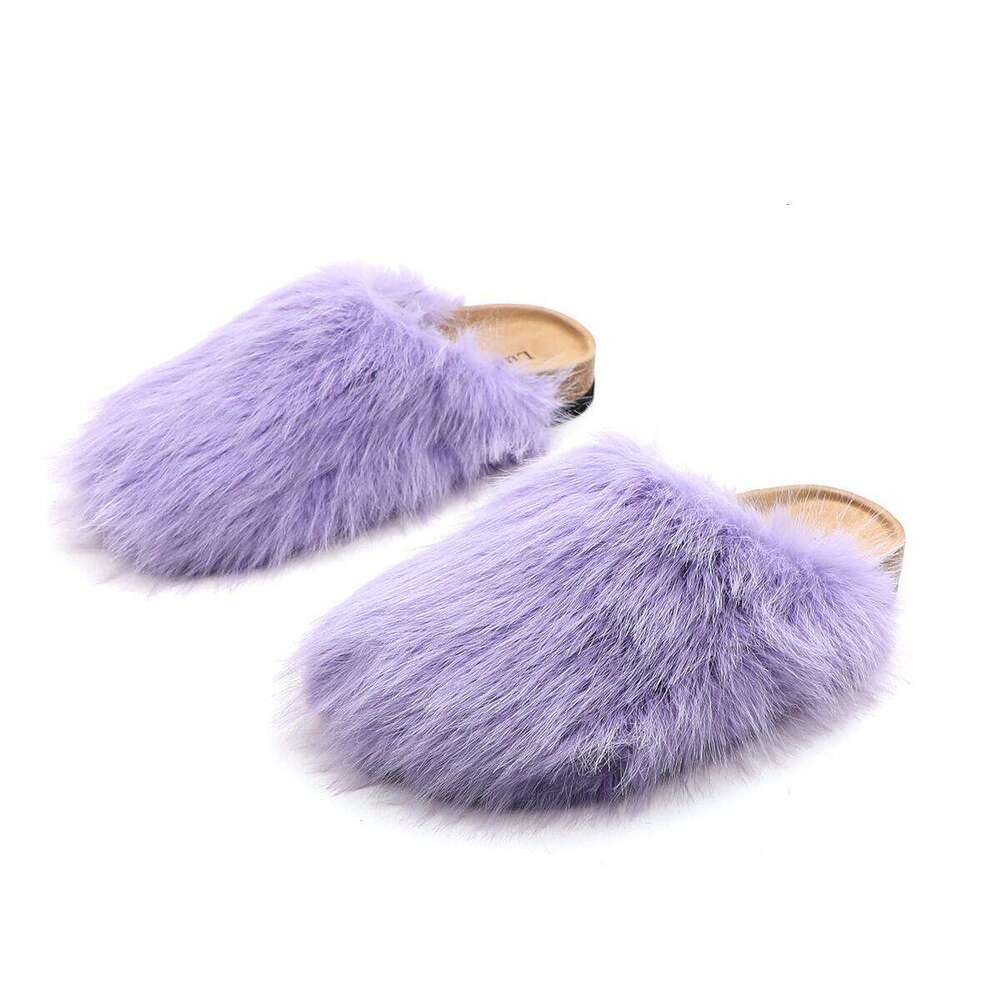 Lurnyet Women's Grey Fluffy Fur Slide Slippers Soft Comfort Indoor Home Casual Slippers STOCK-3
