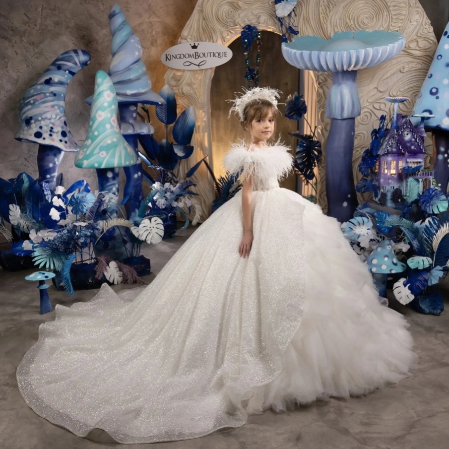 Brilliant Sequins Tiered Layered Flower Girls Dresses for Wedding Boat Neck Feather Ball Gown Kids Birthday Party Dress D27