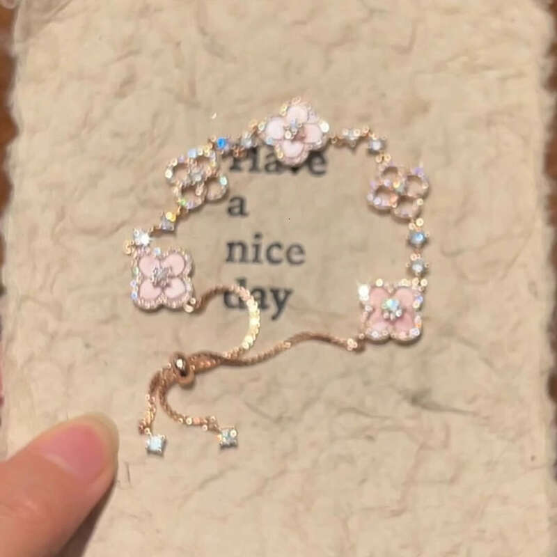 French Style Pink Clover Bracelet Women's Rose Gold Rhinestone Adjustable Jewelry Fashion Accessory