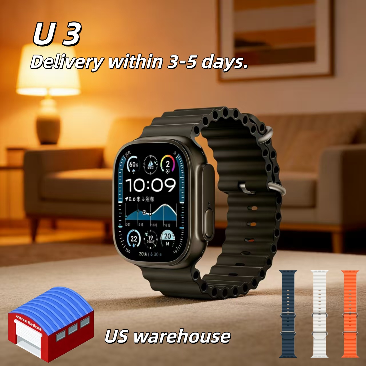 US stock: Compatible with Apple Watch U3 and S11 series, 46mm and 49mm straps. Features Dynamic Island functionality, Bluetooth calling, and fitness tracking.