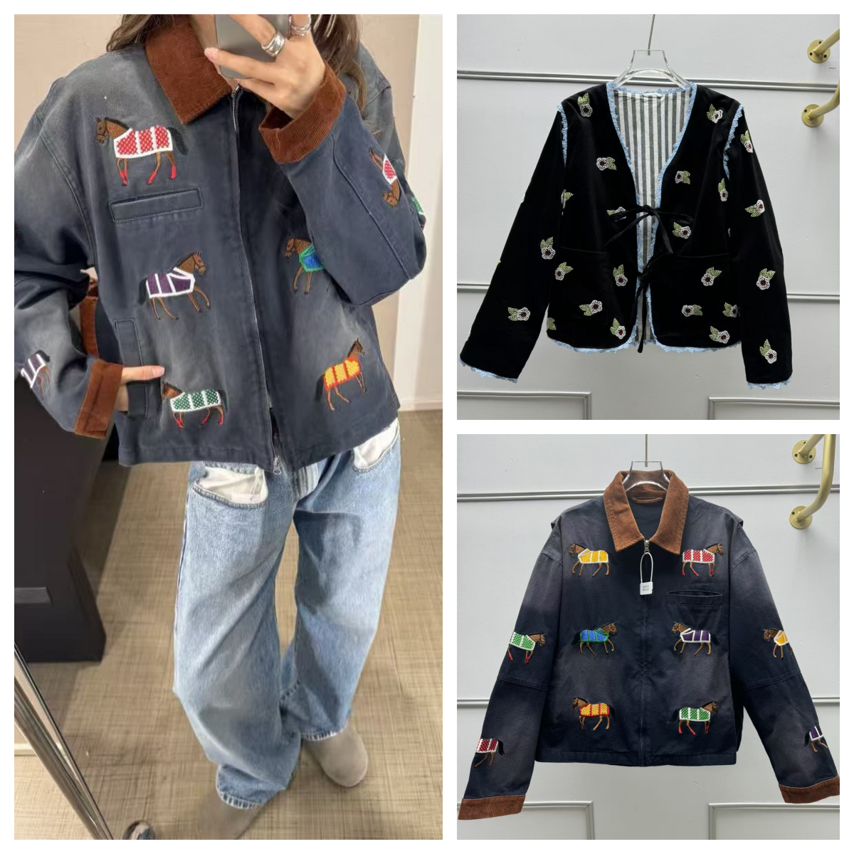 Women's French Retro Pony Jacket 100% Cotton Casual Fashion Horse Pattern Jacket Loose Thin Pony Embroidery Washed Blue Work Jacket