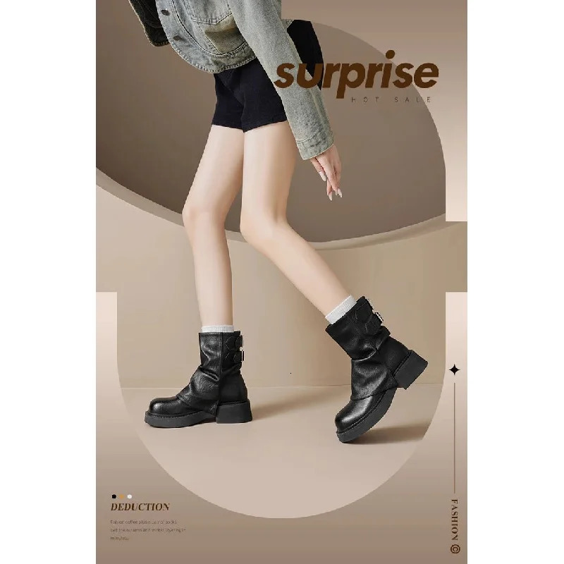 Womens Platform Ankle Boots - Buckle Chunky Heel BootiesFall/Winter Fashion Low-Cut Boots 251230