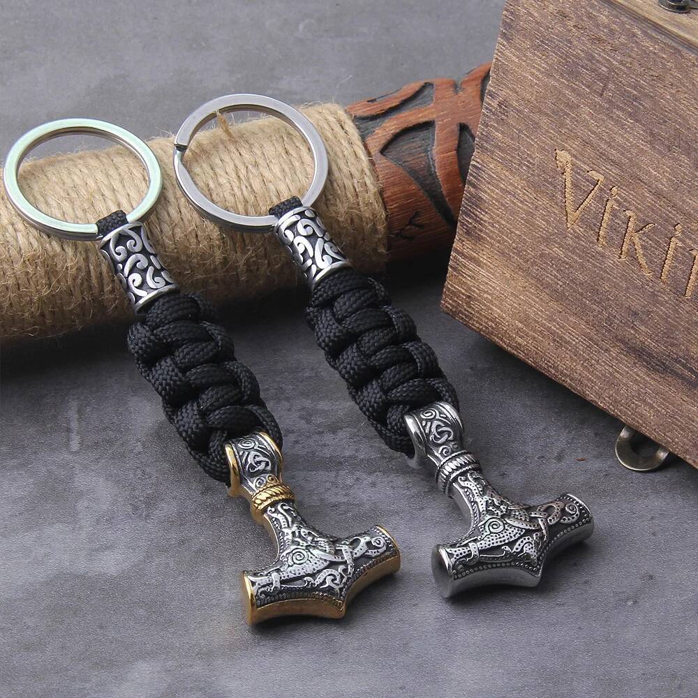 Never Fade Stainless Steel Nordic Viking Thor Hammer Pendant Rune Beads Keychain With Wooden Box As Gift