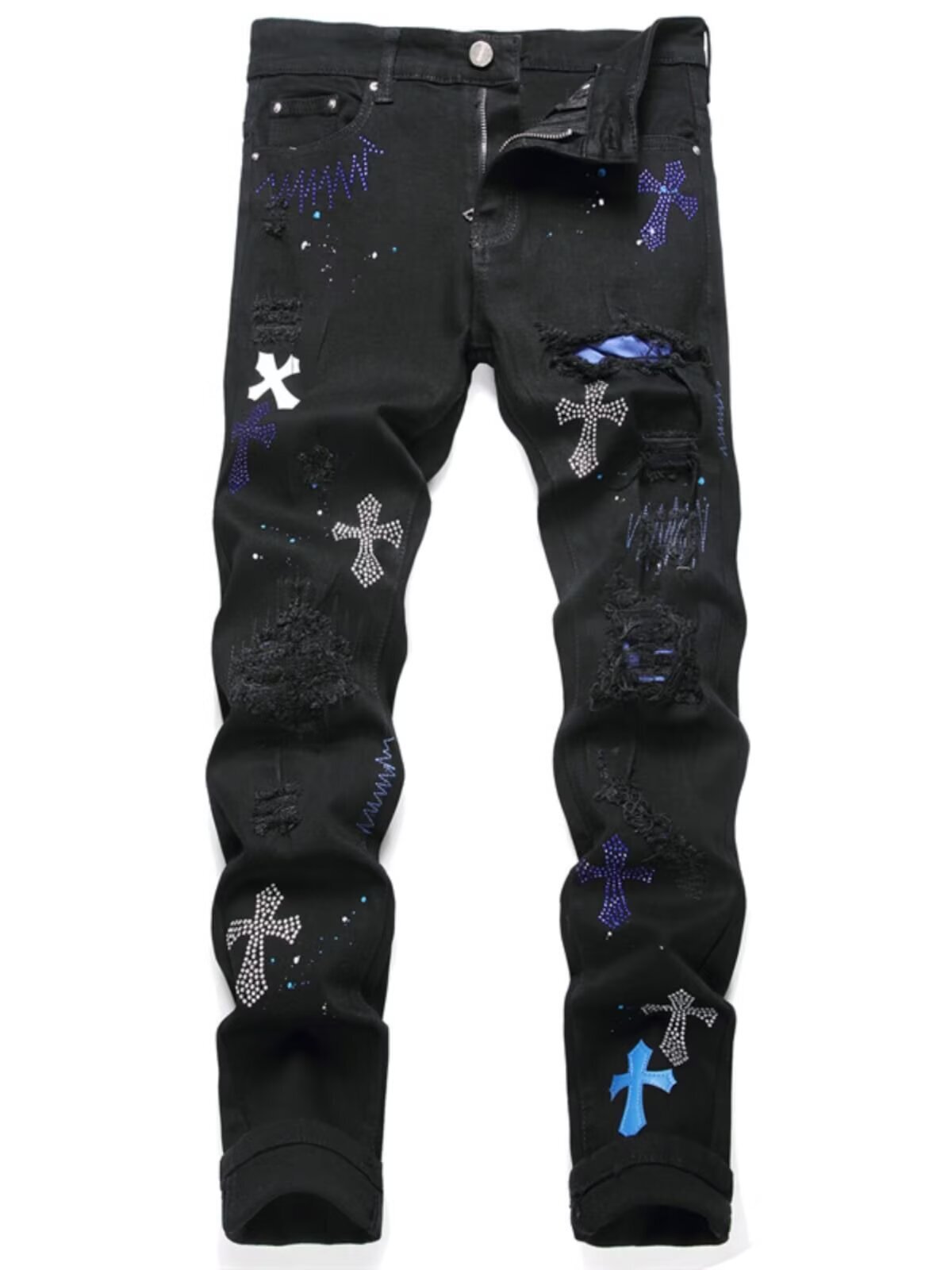 Luxury Designer Clothes High Street Black Cross Rhinestone Distressed Jeans For Men With Skull Print Slim Fit Casual Long Pants Trendy Brand