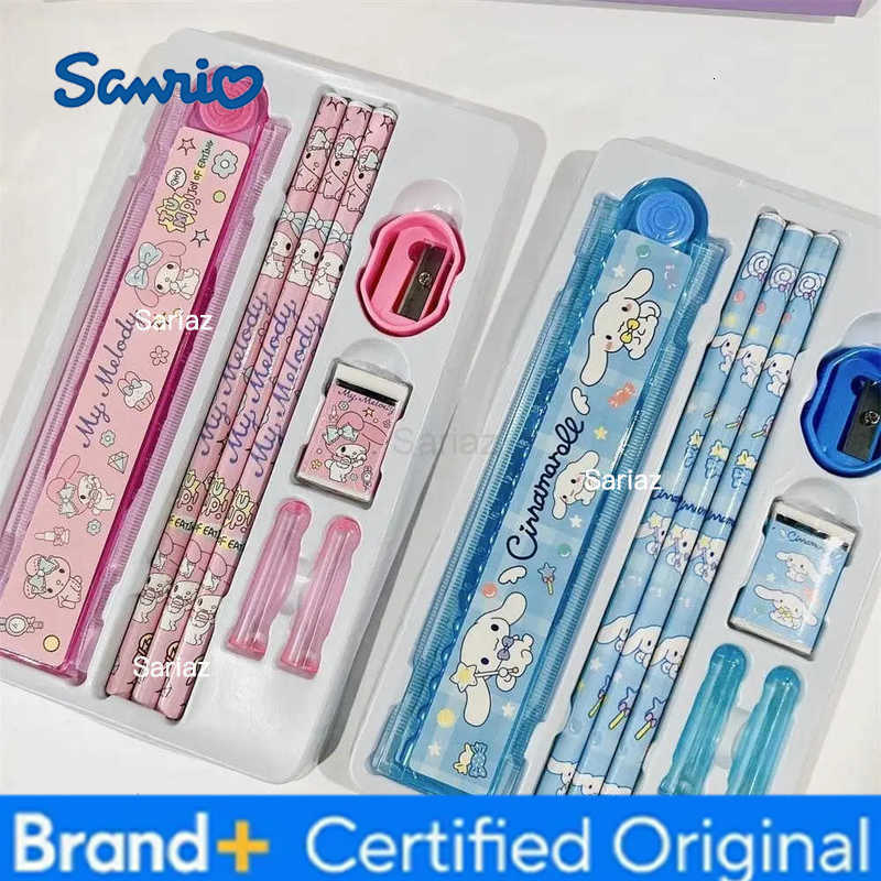 Sanrio Stationery Suit Cinnamoroll Kuromi Cartoon Pencil Eraser Ruler Set Childrens School Supplies Students Boxed Gifts H251231