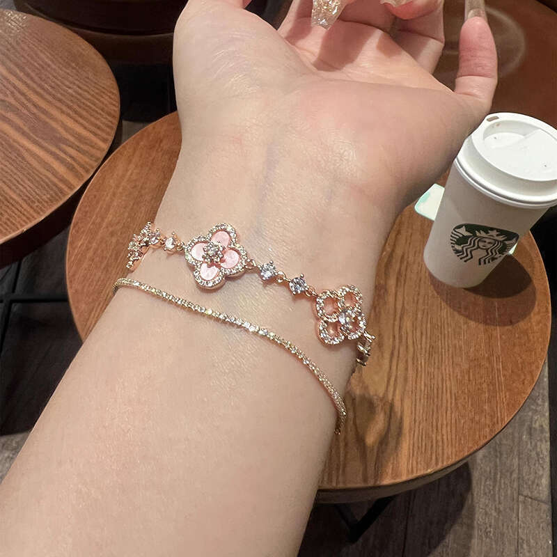French Style Pink Clover Bracelet Women's Rose Gold Rhinestone Adjustable Jewelry Fashion Accessory