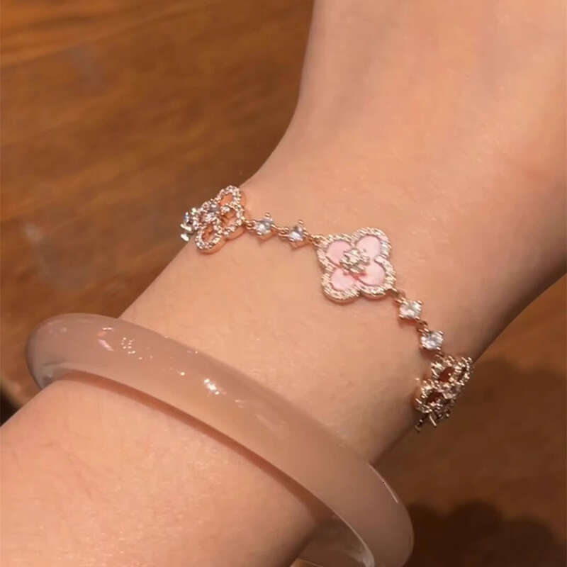 French Style Pink Clover Bracelet Women's Rose Gold Rhinestone Adjustable Jewelry Fashion Accessory