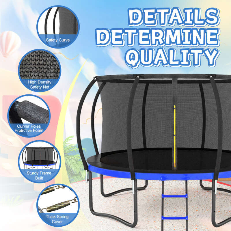 12FT Outdoor Big Trampoline Inner Safety Enclosure Net, Ladder, PVC Spring Cover Padding, For Kids, Blue Color