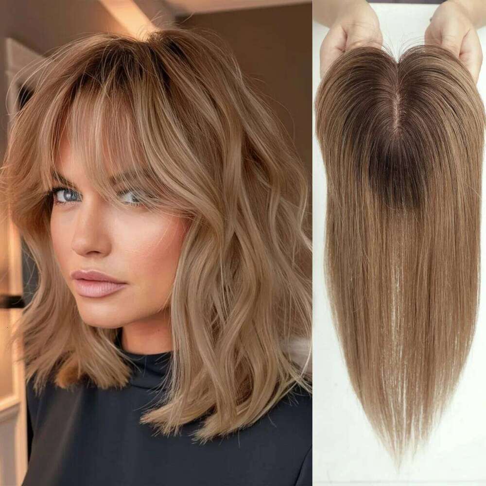 Brown Ombre 14 Inch Straight Silk Base Top Human Hair Topper with Bangs Clips 100% Remy Hairpieces for Women HairToppers Female