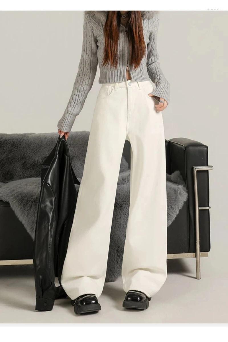 Women's Jeans Y2K Flared For Women Soft Denim Pure Cotton Fleece Lined Warm White Wide Leg Loose Casual Classic Slim Fit Z260313