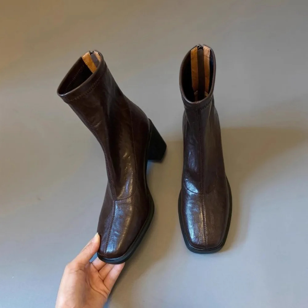 Autumn Vintage Elastic Slim Women Ankle Boots Fashion Soft Leather Shoes Ladies Elegant Thick Heel Mordern Short Booties 251230 - view 7