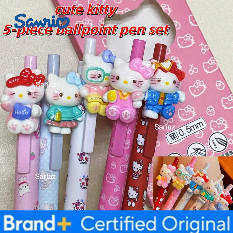 Sanrio 5-Piece Cute Kitty Press Ballpoint Pen Multi Color Cartoon Anime Styling Writing Pen 05mm Black Quick Drying Signature Pen Gift H251231