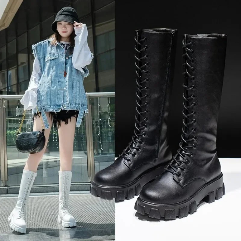 Womens Mid Calf Boots Padded Shoes Knee High Winter Sneakers Punk Style Military Casual White Black Lucury Platform Woman 251230