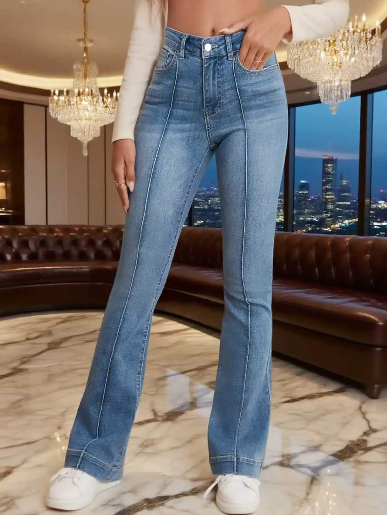 Gray Stretch Womens Flared Jeans French Seam Detail Simple Versatile Slimming Bootcut Trousers Womens pants Jeans 251226