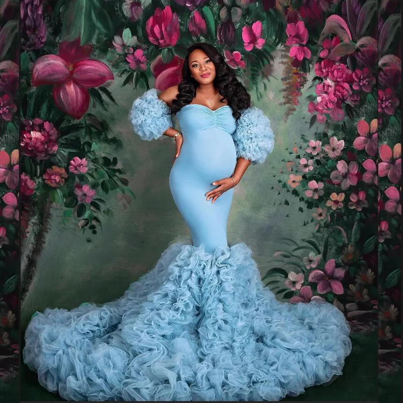 Stretch Pink Mermaid Maternity Dresses Poshoot Puffy Sleeves baby shower vestidos para em 251224 - view 7