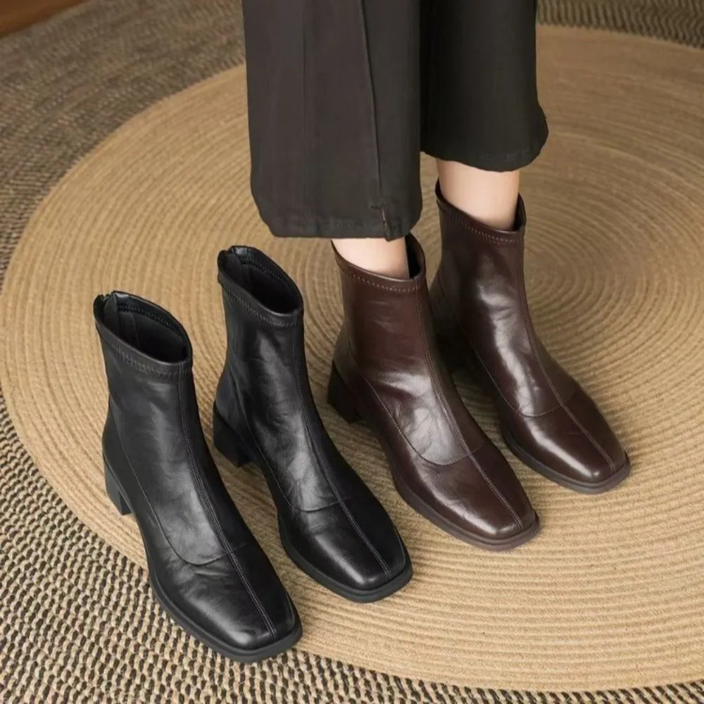 Autumn Vintage Elastic Slim Women Ankle Boots Fashion Soft Leather Shoes Ladies Elegant Thick Heel Mordern Short Booties 251230 - view 6