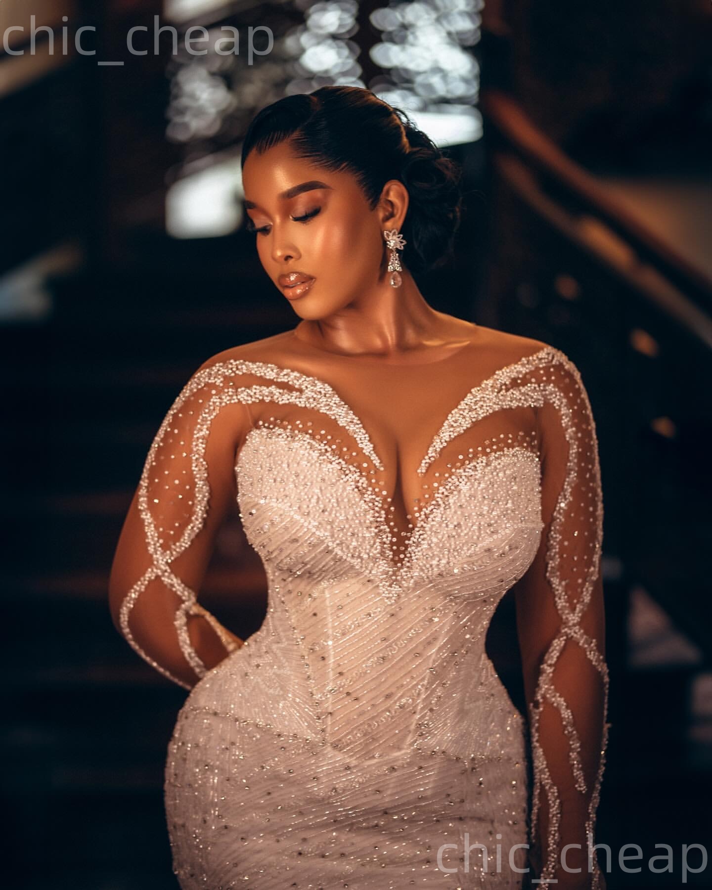 2026 Arabic Aso Ebi Plus Size Ivory Wedding Dresses Beaded Crystals Full Sleeves Sheer Neck Sequined Bridal Gowns Dress For Brides ZJ2059