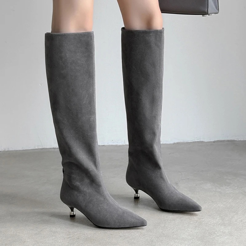 Womens High Boots Fashion Pointed Toe Heeled Shoes Suede Winter Boots Sexy Pumps Mujer Chelsea Botas 251230