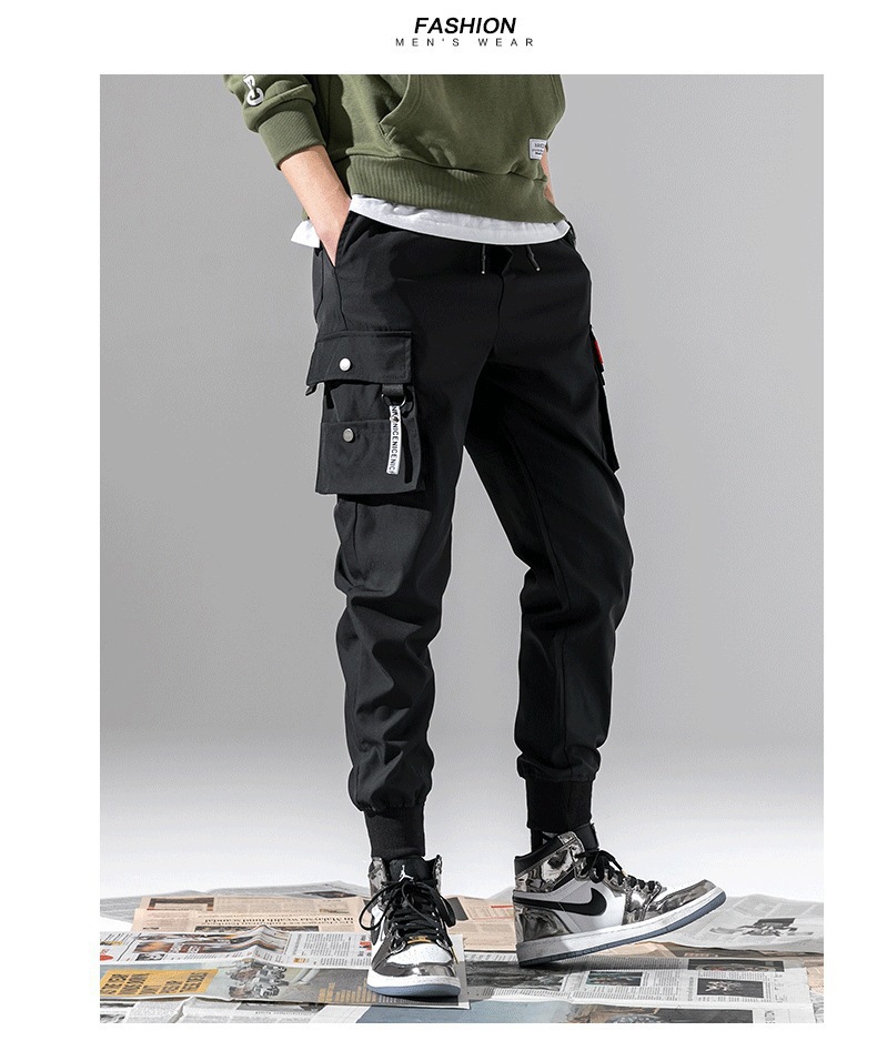 WOZK workwear pants for men in summer, thin and versatile, leg tied pants, loose, multi pocket, plus size 9, casual pants