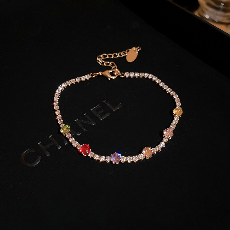 Luxury Brand Designer Jewelry Korean Version Zircon Rhombus Flower Clasp Bracelet Ins Fresh Sweet Bracelet Light Luxury High-End Feel Jewelry Wholesal