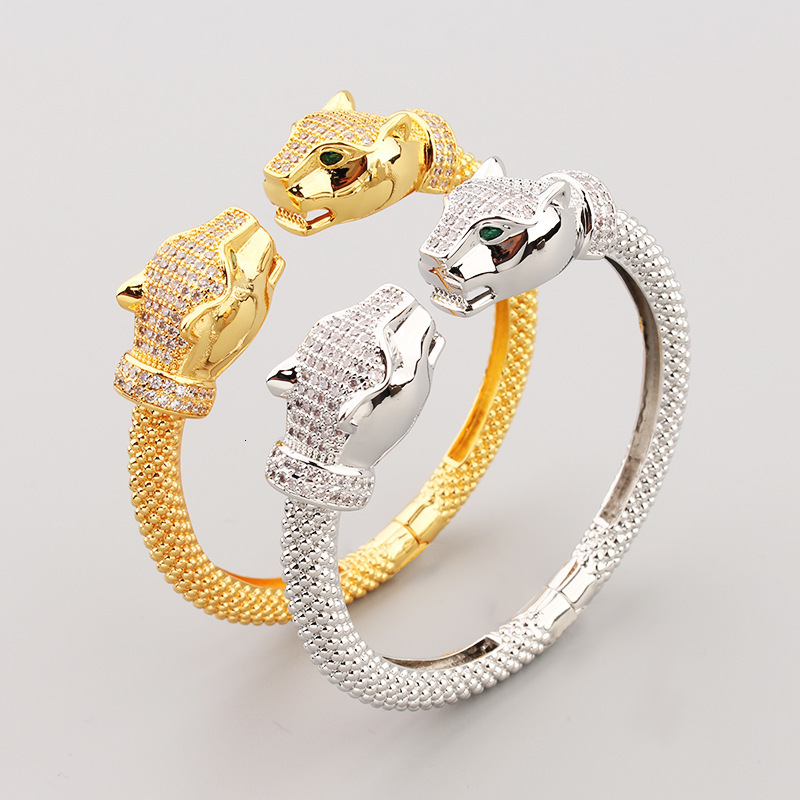 Attract Luck Jewelry New Double-Headed Leopard Inlaid With Zirconia Unisex Jewelry Copper Gold-Plated Size 17 Open Bracelet