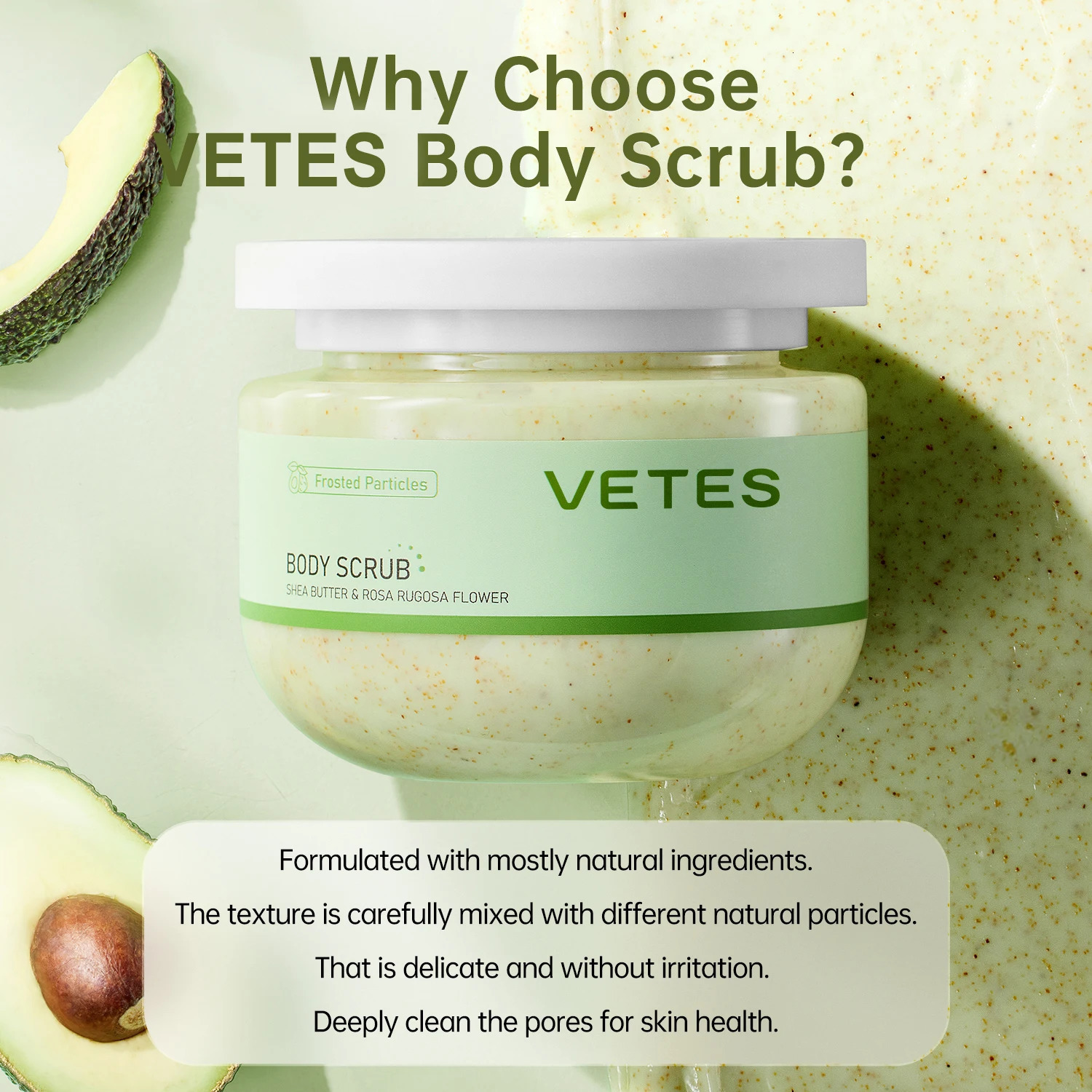 VETES 250g Body Scrub Avocado Scent r Dead Skin Soothing Glowing Exfoliation Scrub Wash Body Care Nourishing Luster Skin 251222