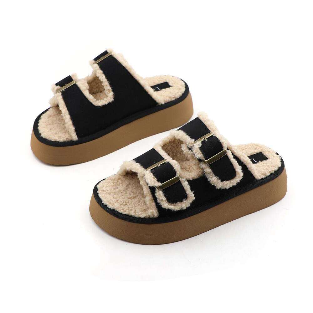 Lurnyet Women's Beige Shearling Slides Double Buckle Platform Sole Warm Casual Sandals PLUSH-1