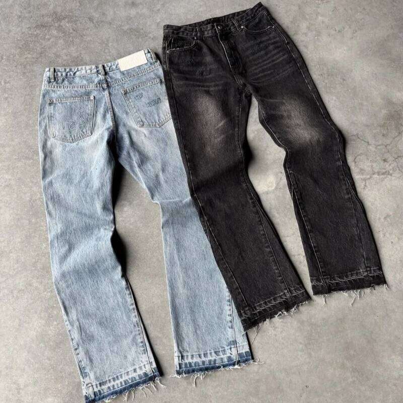 Y2K Vintage Slim Fit Jeans Trendy Washed Men Women Harajuku Hip Hop Straight Leg Gothic Fringed Casual Micro Flared Pants