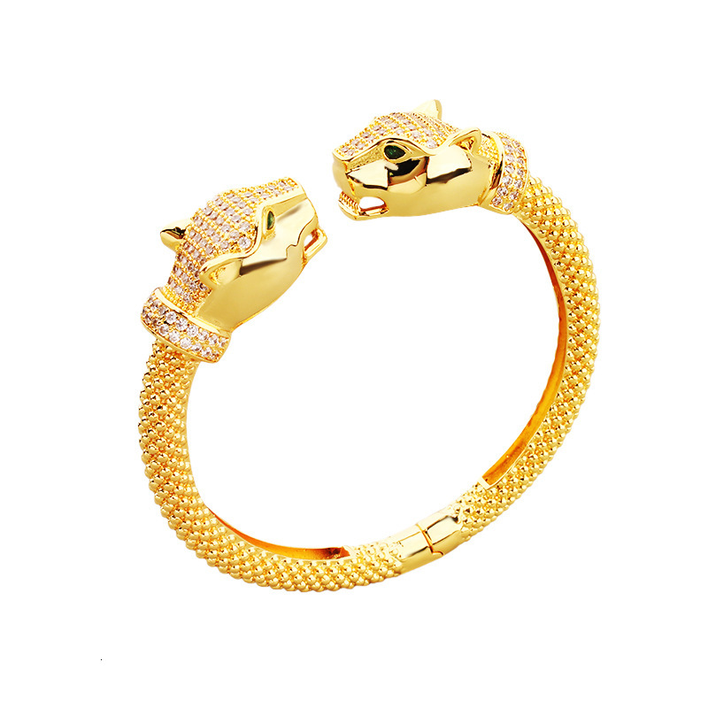 Attract Luck Jewelry New Double-Headed Leopard Inlaid With Zirconia Unisex Jewelry Copper Gold-Plated Size 17 Open Bracelet