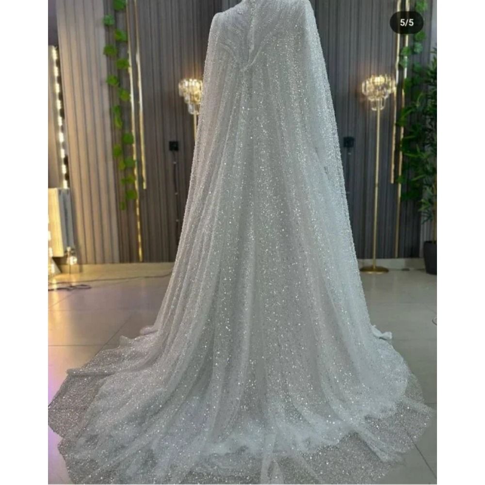 Luxury Sequin Lace Dresses With Shawl Sheer Crew Dubai Arabic Princess Wedding Gowns Customized D31 B0313