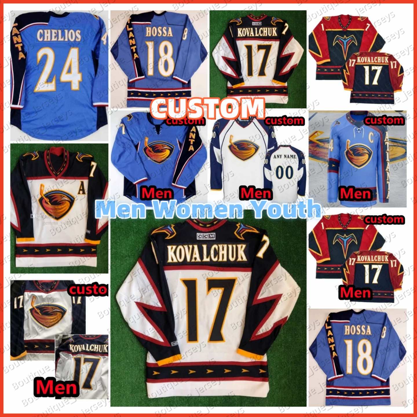 Vintage Atlanta Thrashers Hockey Jerseys 15 Dany Heatley 17 Ilya Kovalchuk Zach Bogosian Marian Hossa Johan Hedberg Kari Lehtonen Blue Navy White